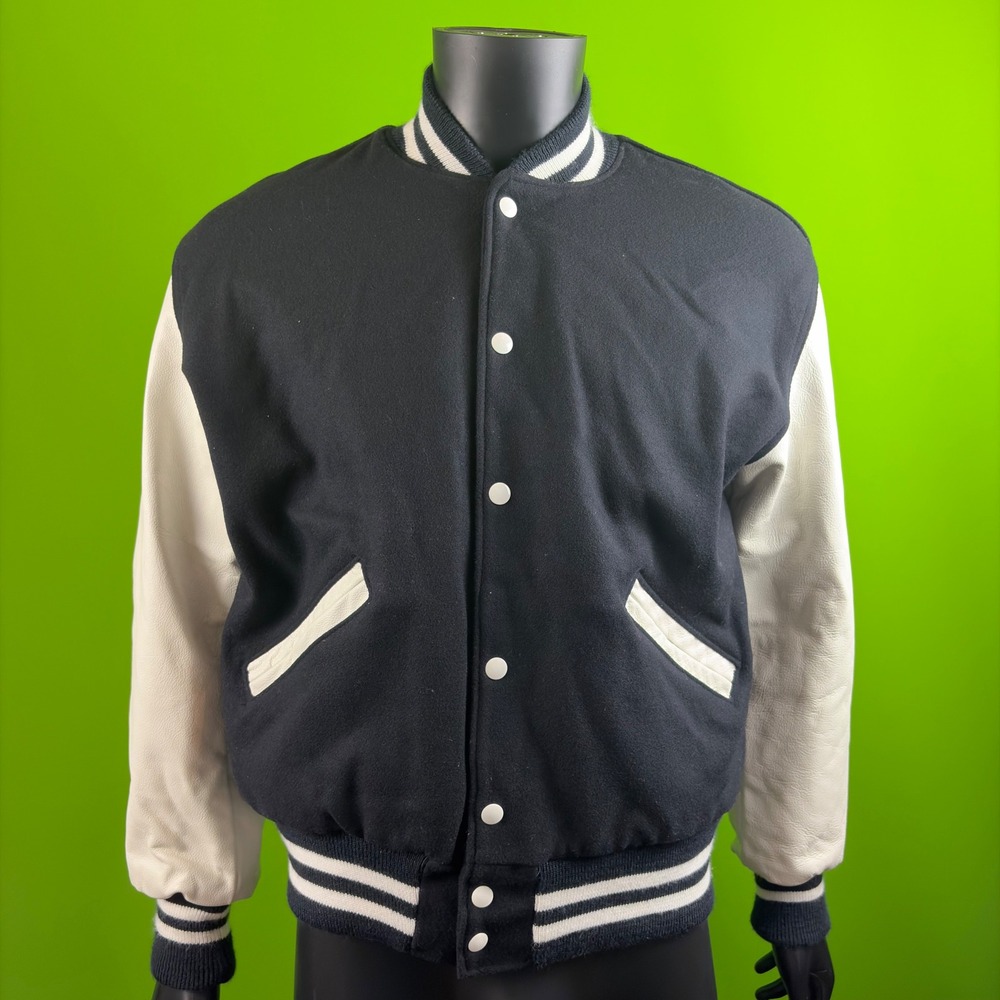 Holloway Original Varsity Jacket Mens M Navy White Wool Leather Letterman Bomber - Picture 2 of 10